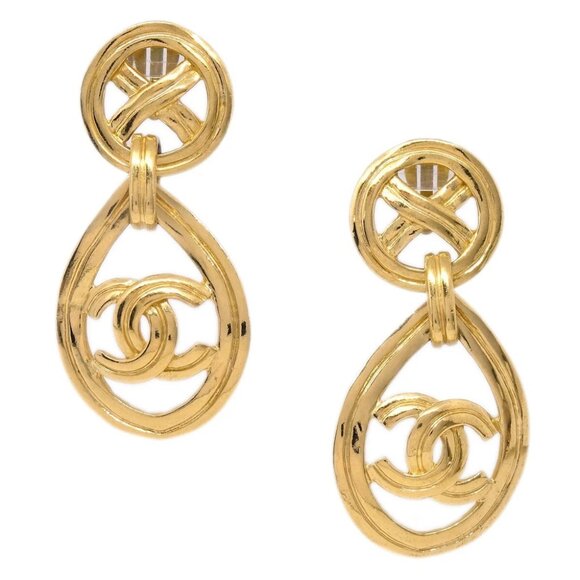 Chanel Dangle Hoop Earrings Clip-On Gold 96P 131963 - Picture 1 of 4